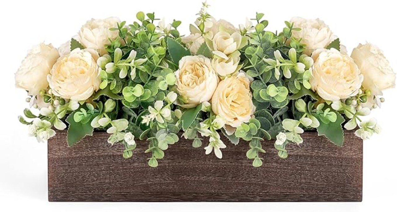 Centerpiece Table Decorations for Dining Room Farmhouse Living Room Table Centerpieces Decor Wood Tray with 3 Artificial Flowers and 2 Eucalyptus for Kitchen Table, 14.1" x 4.7" x 3.1"